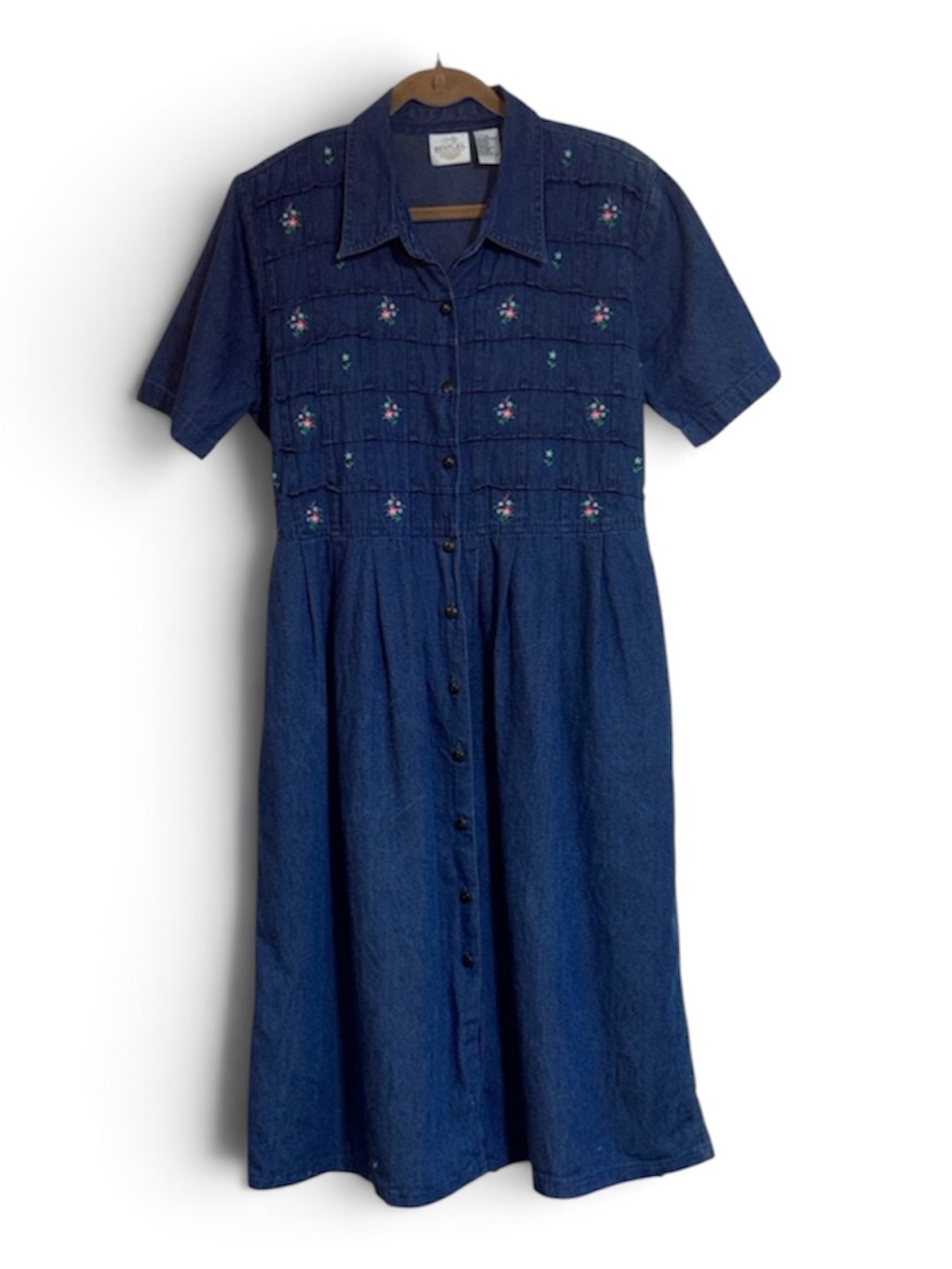 Vintage Bentley Navy Button Front Denim Dress Embroidered Detail 16 Cottagecore